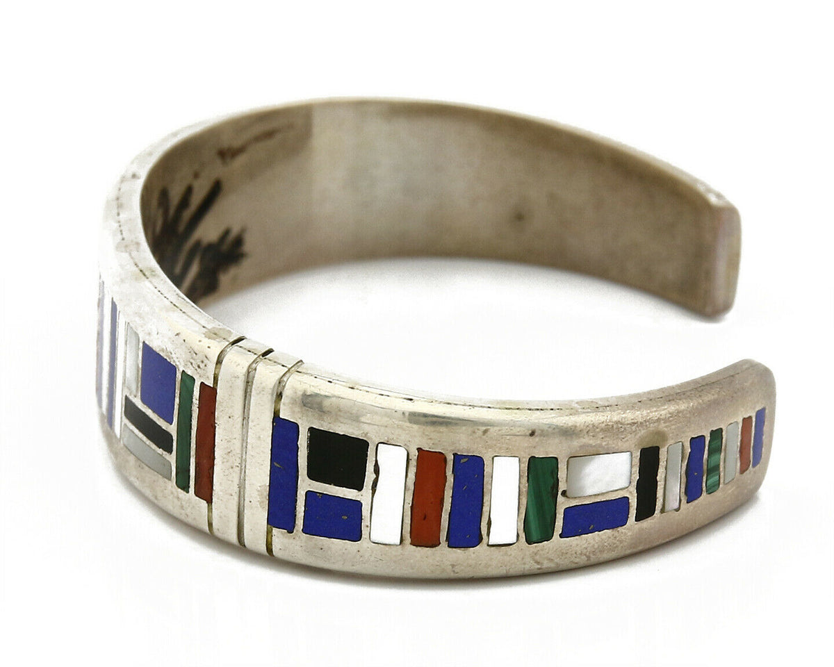 Early Artist David Freeland Inlaid Natural Gemstone .925 SOLID Silver Cuff