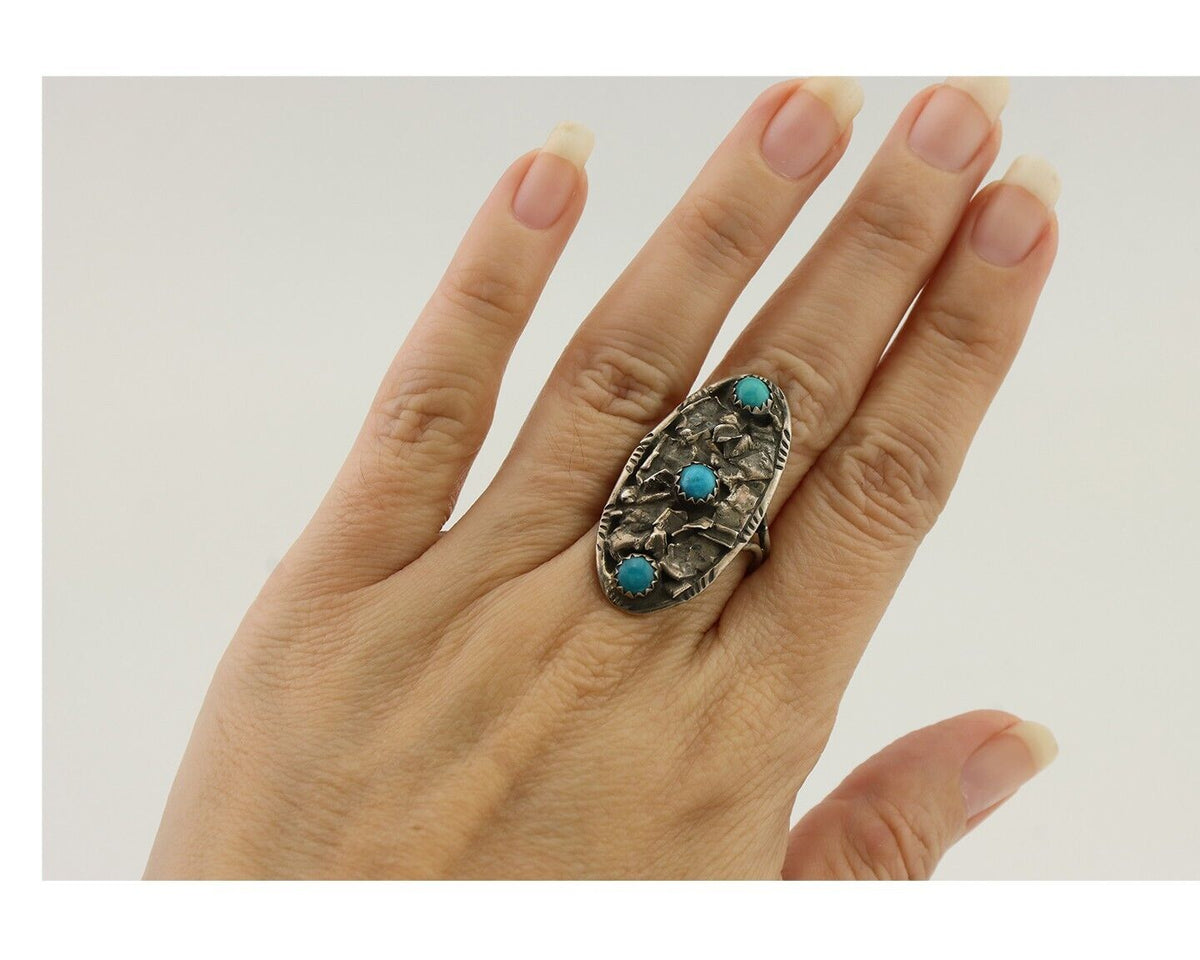 Vintage Navajo Ring 925 Silver Natural Turquoise Signed Number 3 Size 6.5 C.80's
