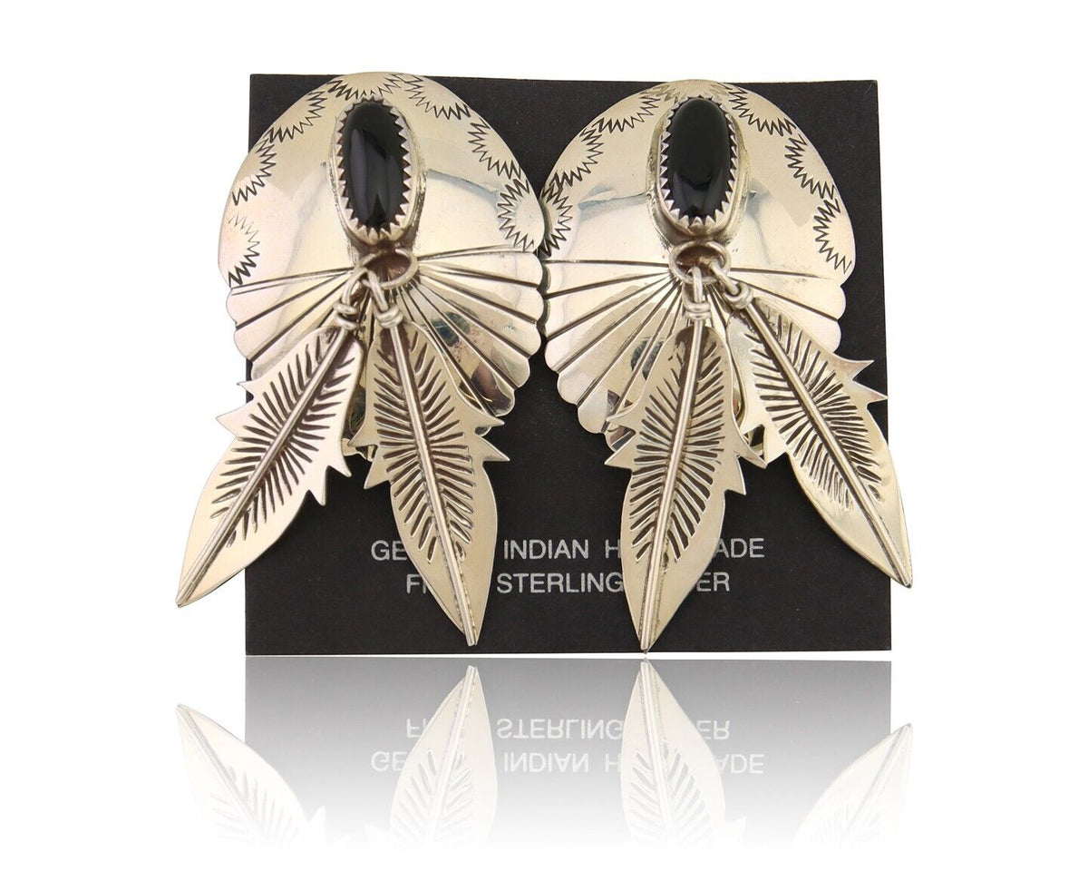 Navajo Handmade Earrings 925 Silver Onyx Native American Artist C.80's