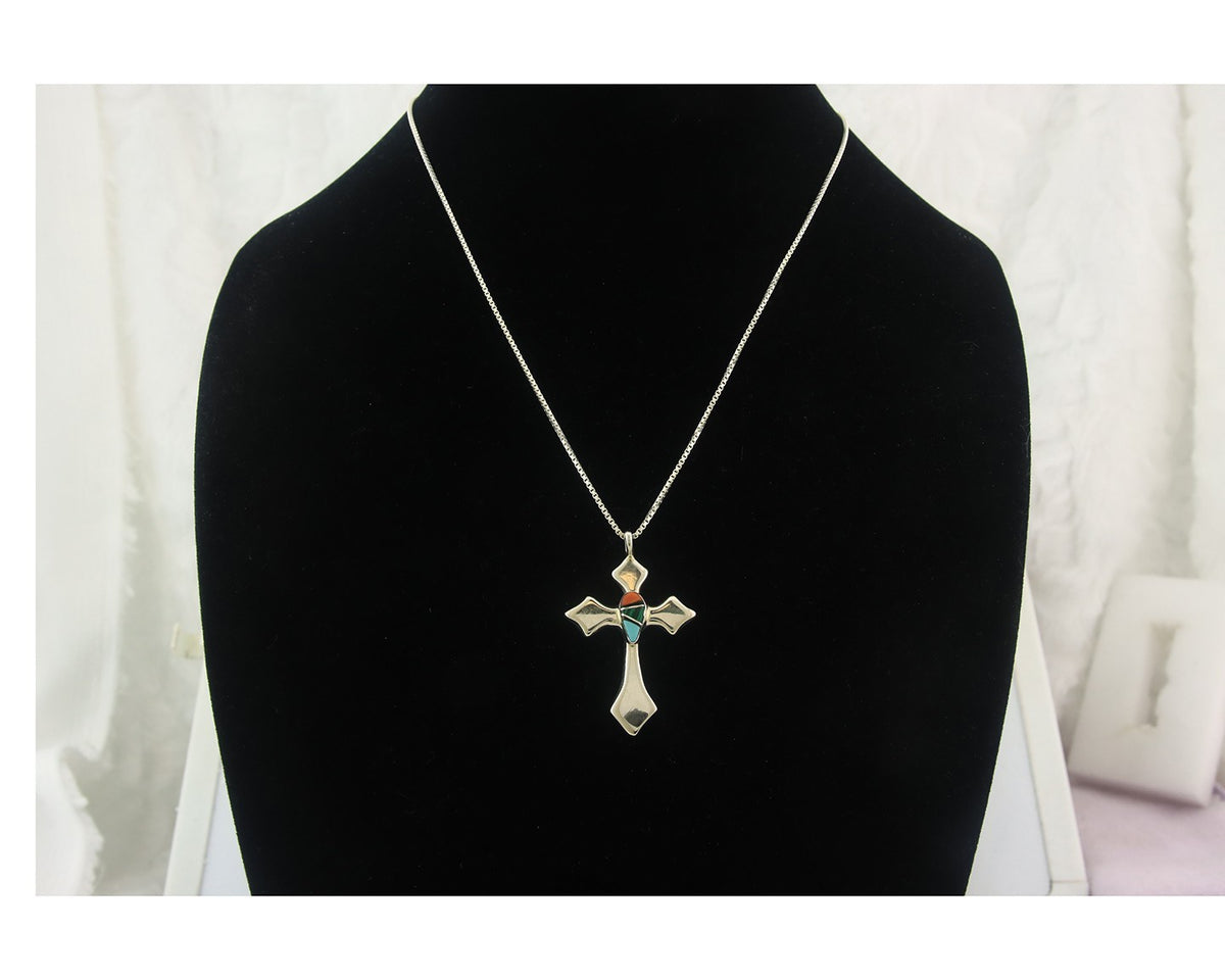 Navajo Cross Necklace Sterling Silver Authentic Natural Gemstones Signed M