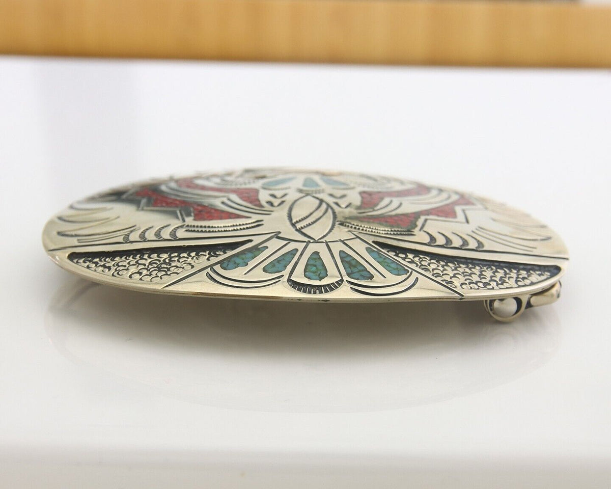 Navajo Belt Buckle .999 Nickel Buffalo Gemstone Signed Chee Keams 3x3.5 in C.80s