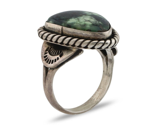 Navajo Ring 925 Silver Green Spiderweb Turquoise Artist Signed Rising Sun C.80's