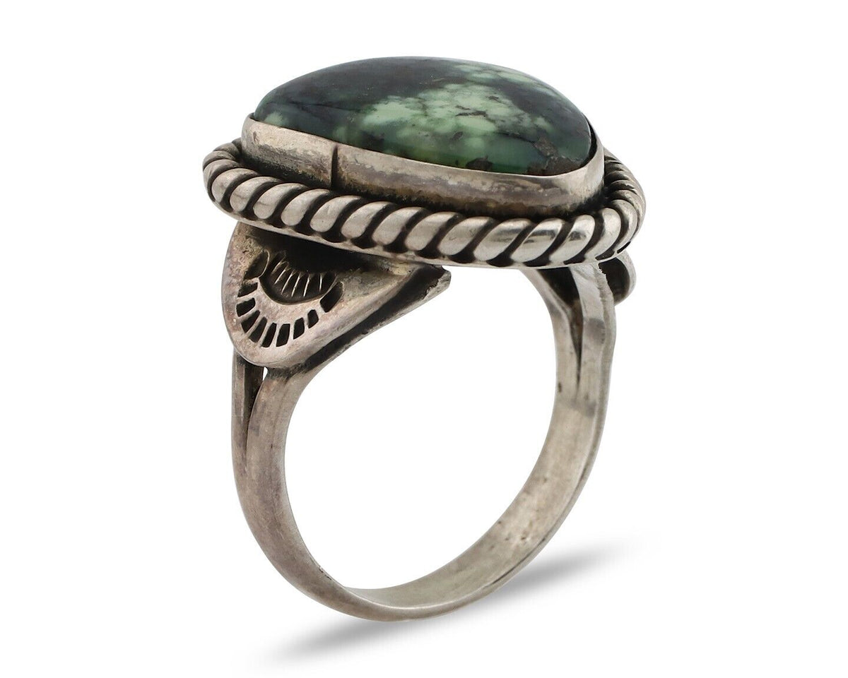 Navajo Ring 925 Silver Green Spiderweb Turquoise Artist Signed Rising Sun C.80's