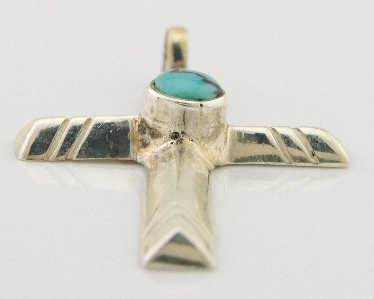 Navajo Sand Cast Cross Pendant 925 Silver Turquoise Artist Signed J Yazzie C.80s
