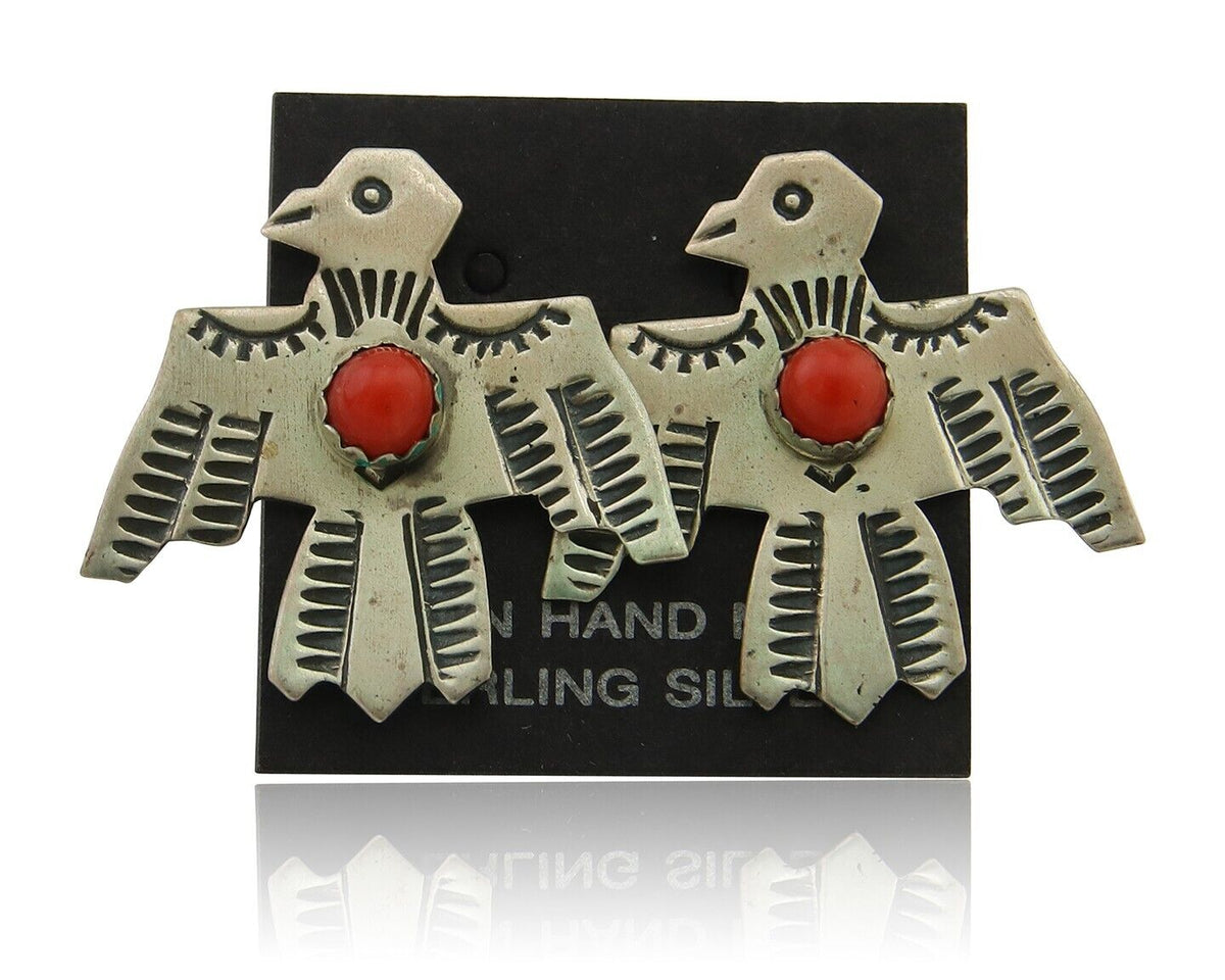 Navajo Thunderbird Earrings 925 Silver Natural Red Coral Native Artist C.80's