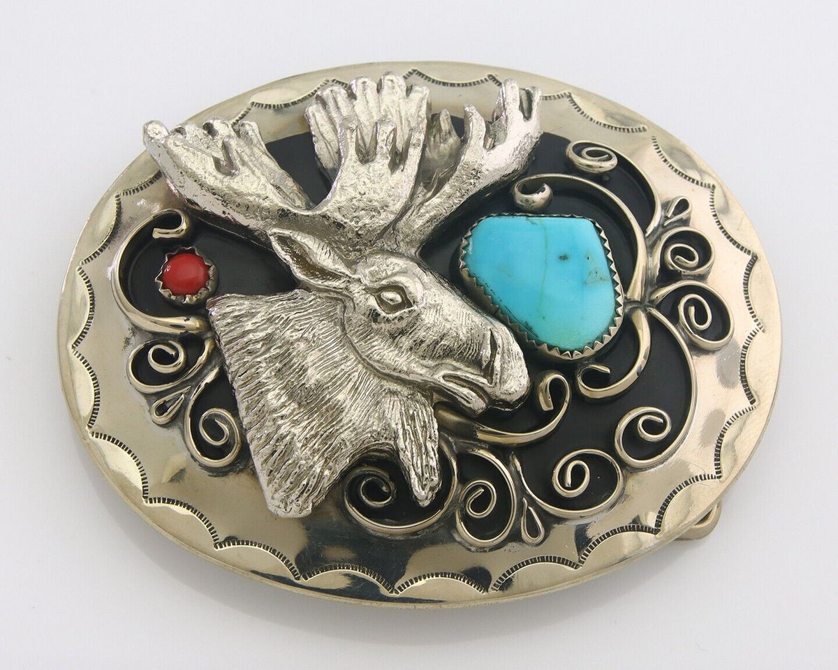 Navajo Belt Buckle .999 Nickel Buffalo Gemstone Signed 2.35 x 3.0 in C.80's