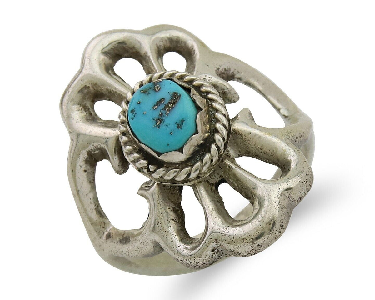 Navajo Sand Cast Ring 925 Silver Sleeping Beauty Turquoise Artist C.80's