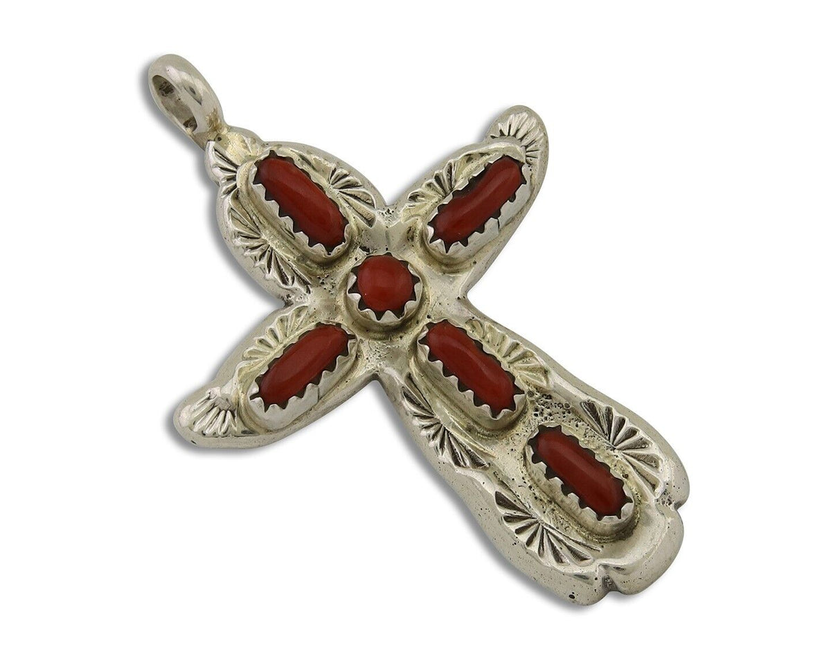 Zuni Cross Pendant 925 Silver Mediterranean Coral Signed W Iule C.80s