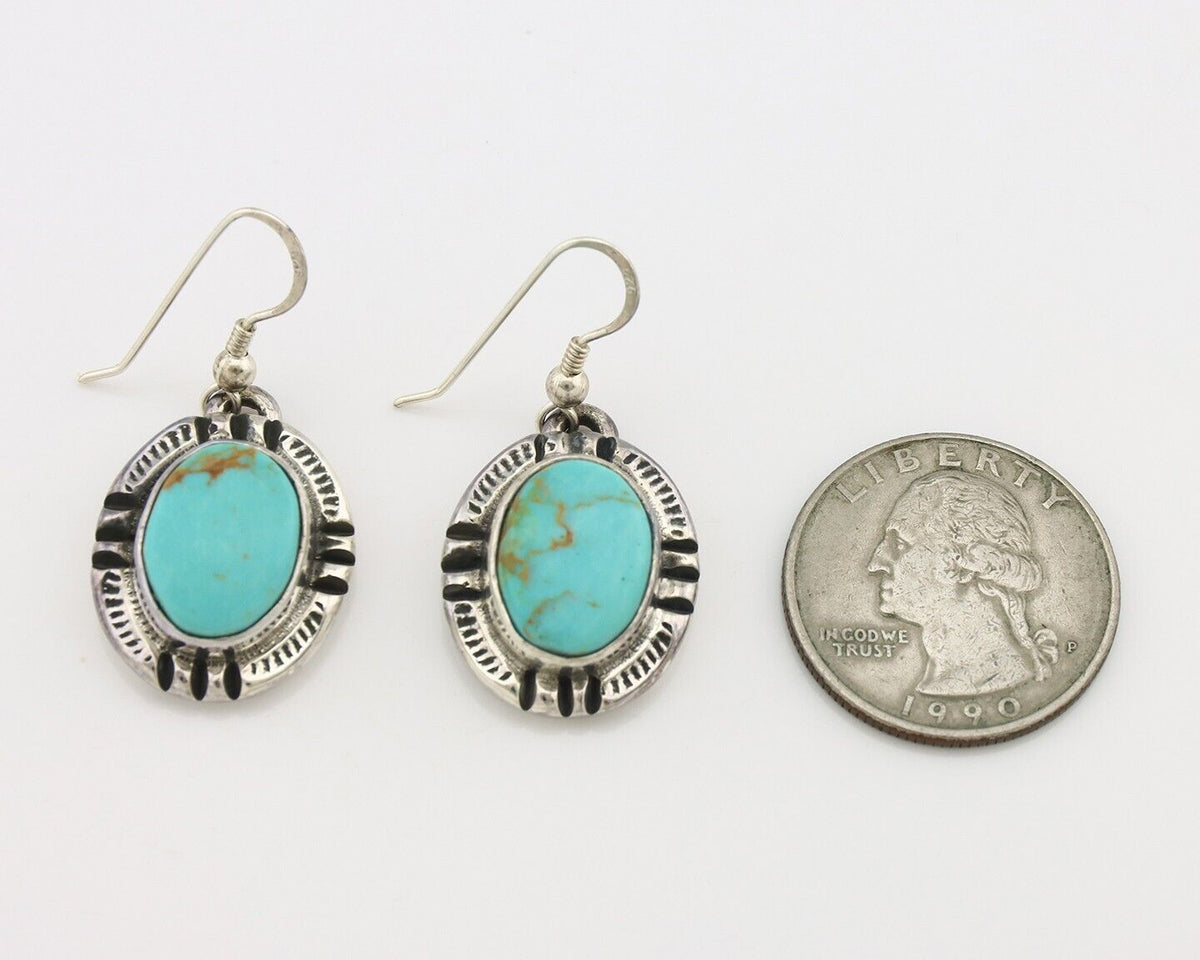 Navajo Handmade Earrings 925 Silver Natural Arizona Turquoise Signed Gecko C.80s