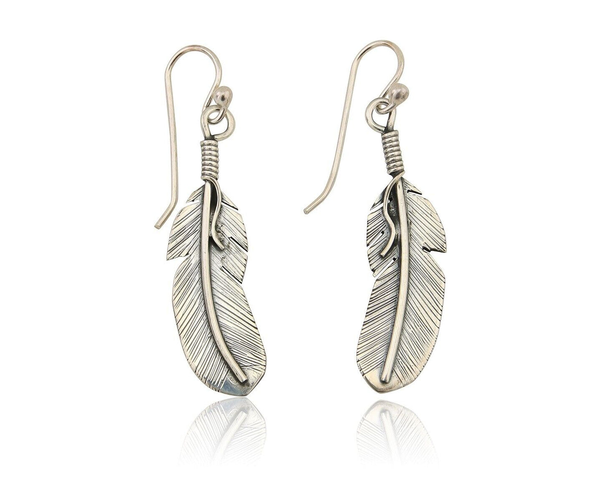 Navajo Eagle Feather Dangle Earrings 925 Silver Native American Artist C.80's