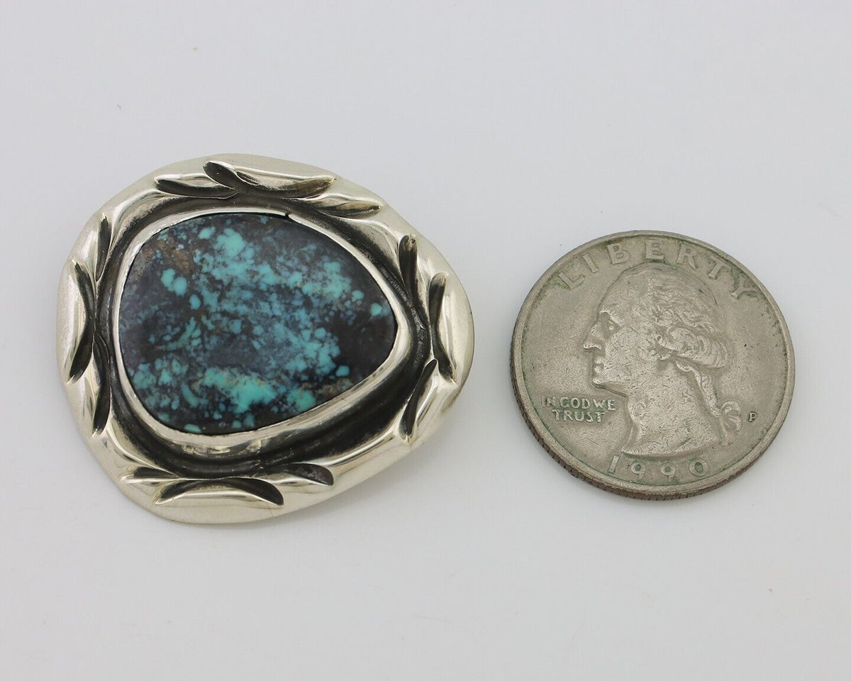 Navajo Pin 925 Silver Natural Spiderweb Turquoise Signed C Raincloud C.80's