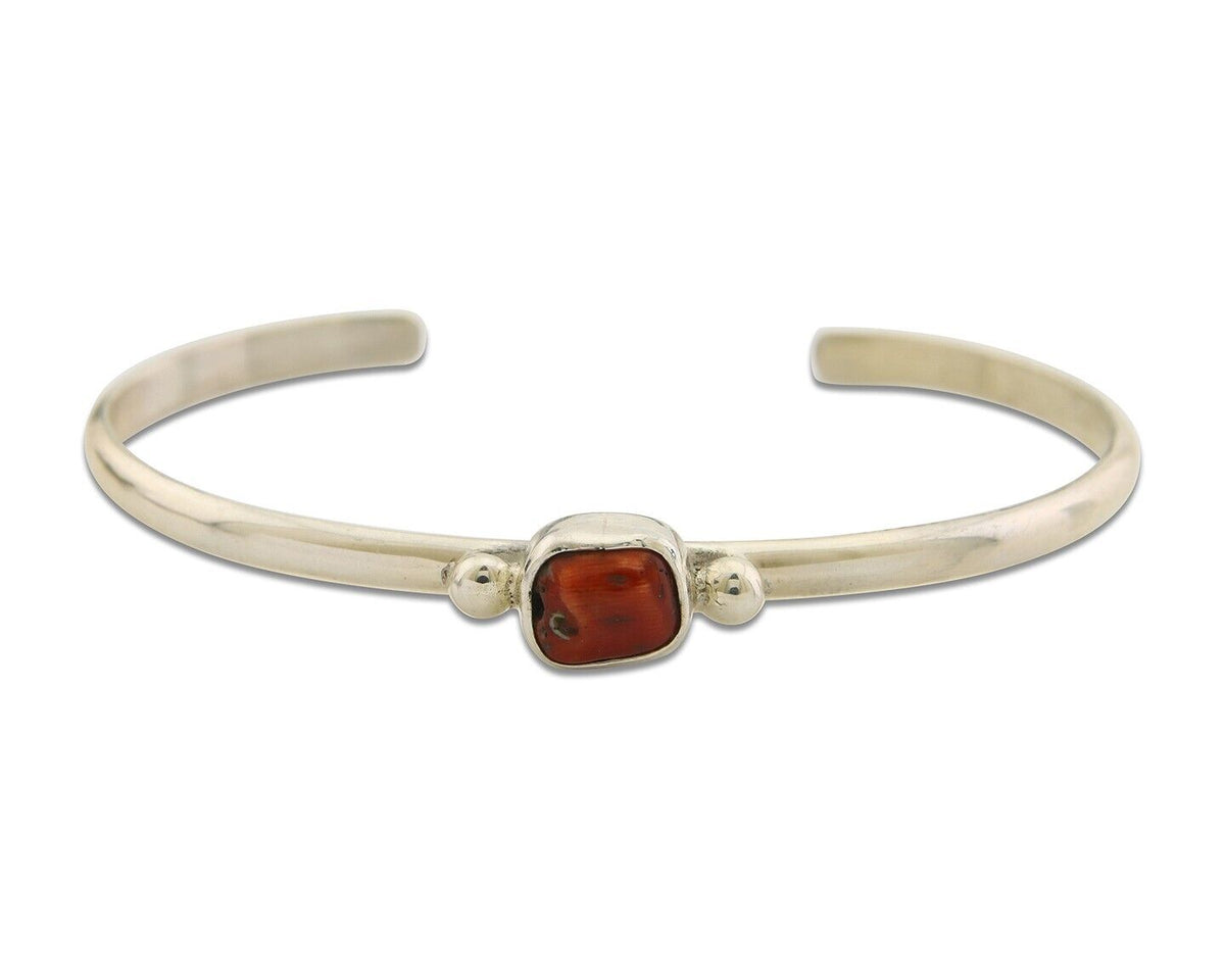 Navajo Bracelet .925 Silver Natural Red Coral Cuff Native American Artist C.80's