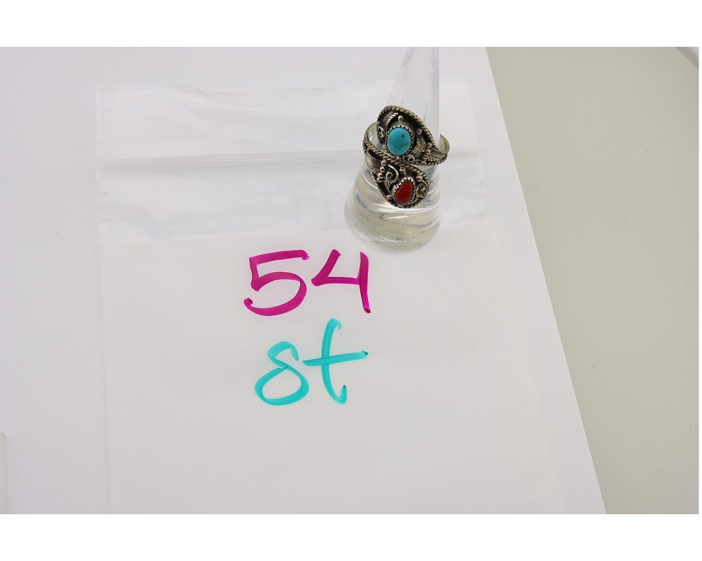 Navajo Ring 925 Silver Turquoise & Coral Artist Signed WB C.80's