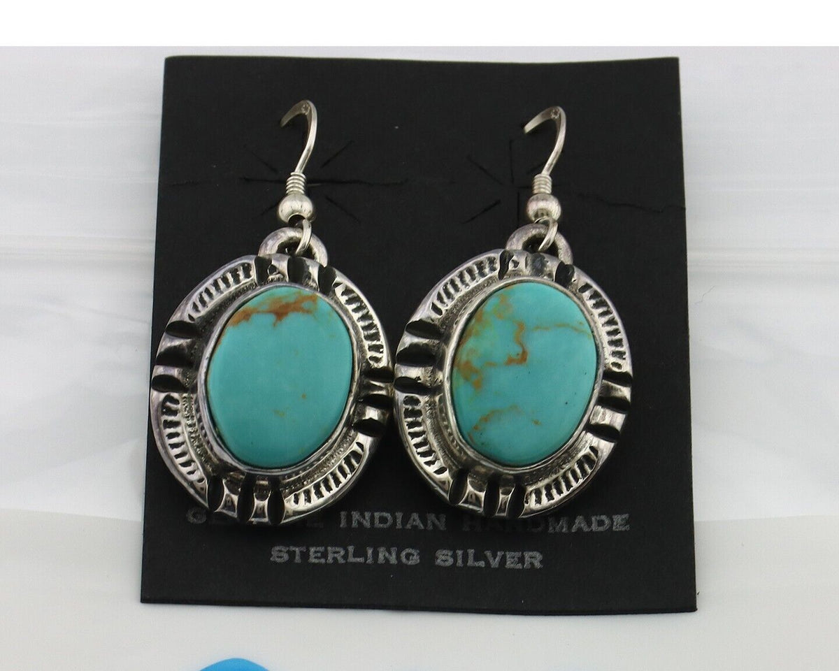 Navajo Handmade Earrings 925 Silver Natural Arizona Turquoise Signed Gecko C.80s