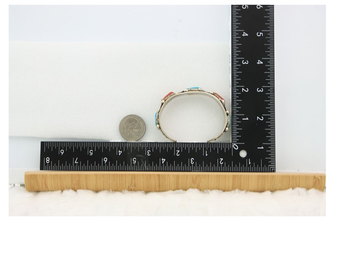 Zuni Cuff Bracelet Sterling Silver Natural Coral & Turquoise Signed Simplicio