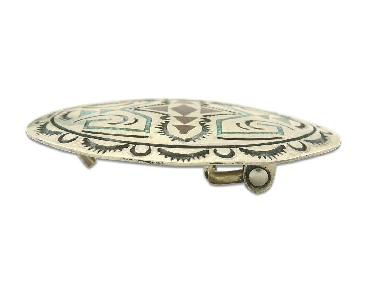Vintage Navajo Belt Buckle 925 Silver Handmade Inlaid Gemstone Stanely Bain