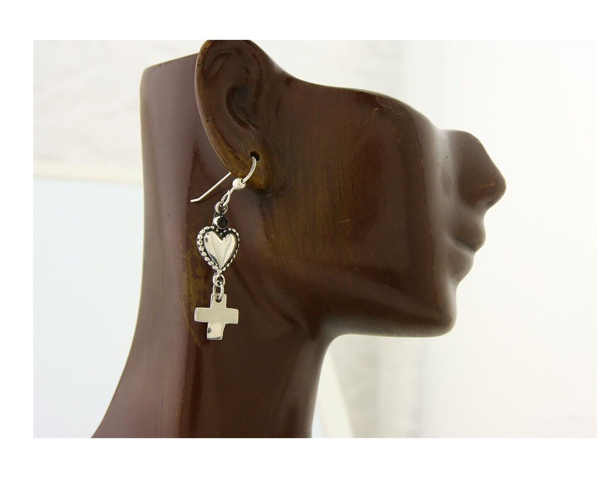 Navajo Earrings 925 Silver Heart Cross Natural Onyx Native American Artist C.80s
