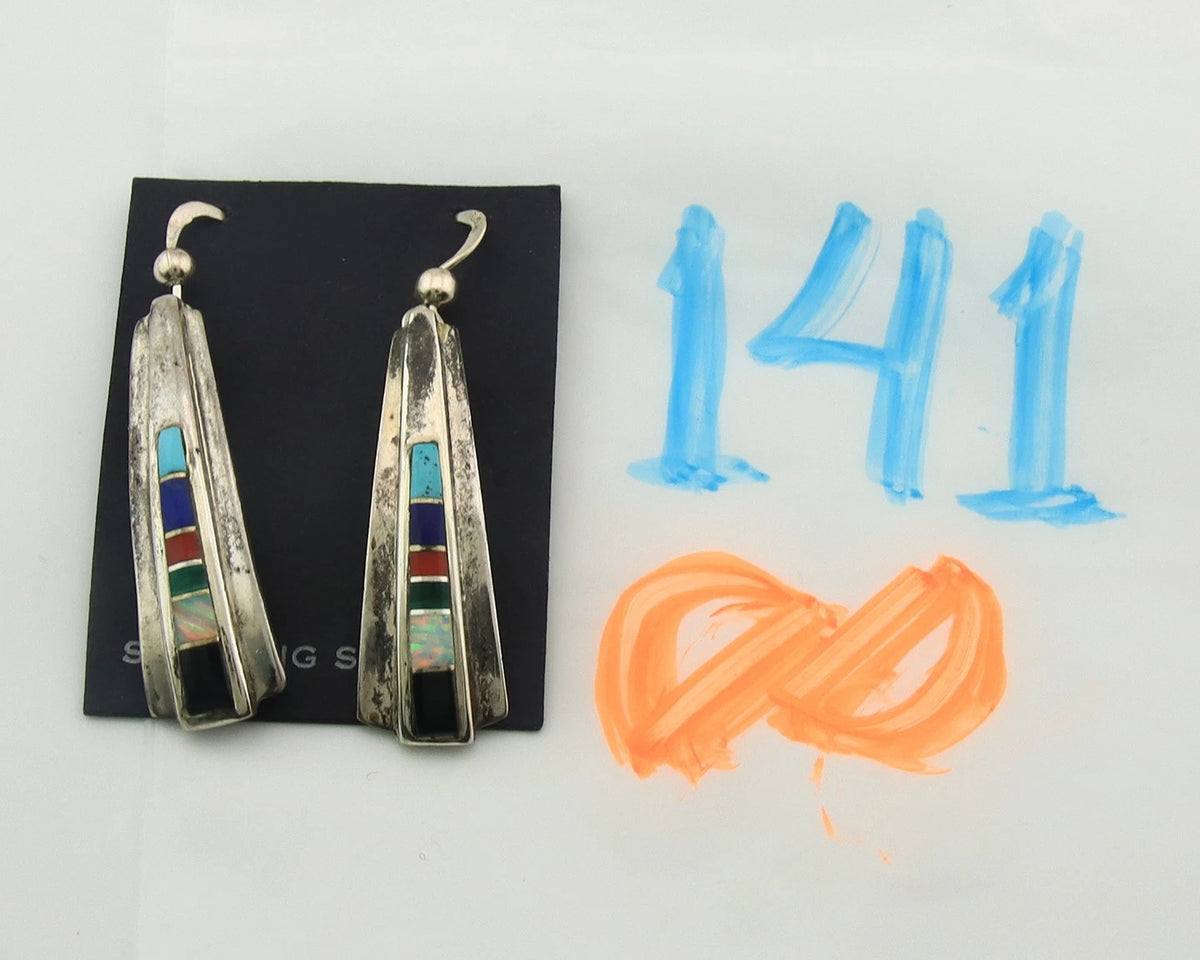 Navajo Earrings Sterling Silver Gemstones Vintage Signed EO