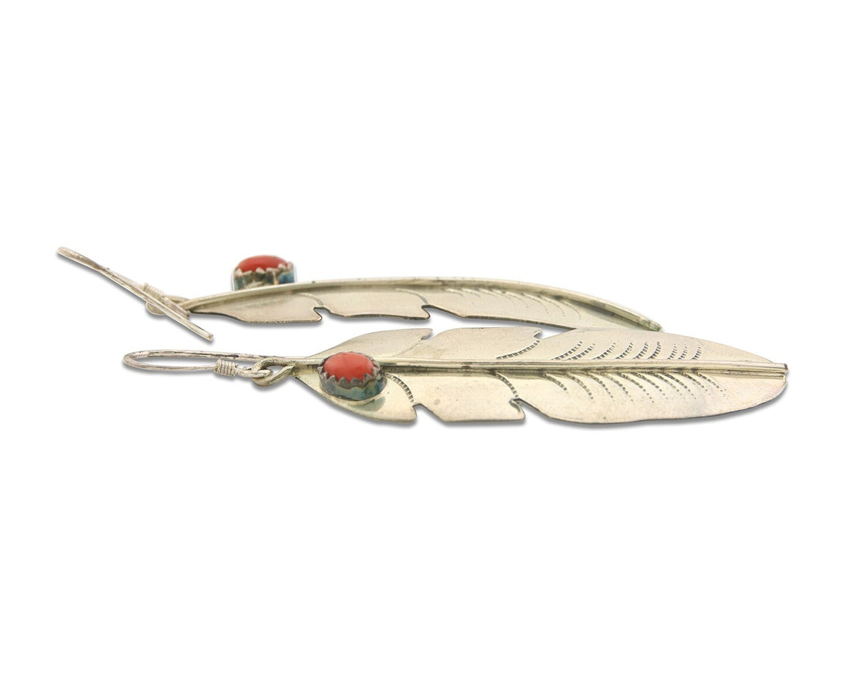 Navajo Earrings 925 Silver Natural Coral Native American C.80's Eagle Feather