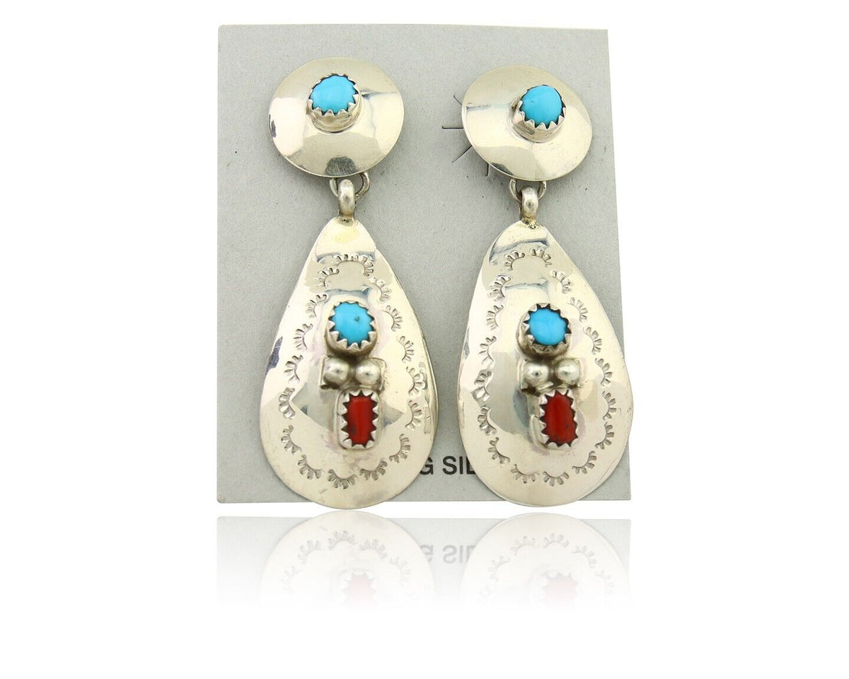 Navajo Earrings 925 Silver Turquoise & Coral Artist Signed Leeann Lee C.80's