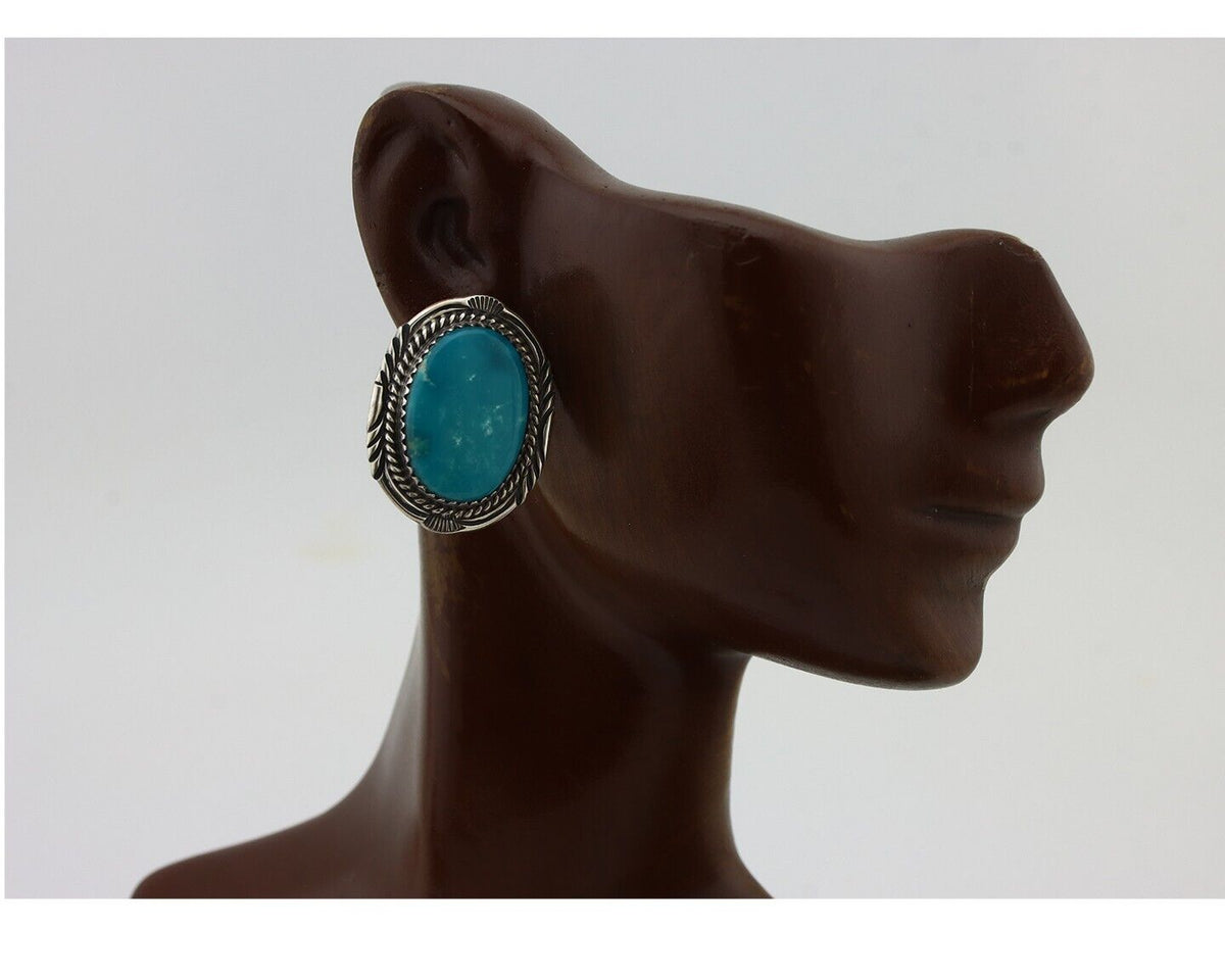 Navajo Hand Stamped Earrings 925 Silver Natural Turquoise Signed M Begay C.80s