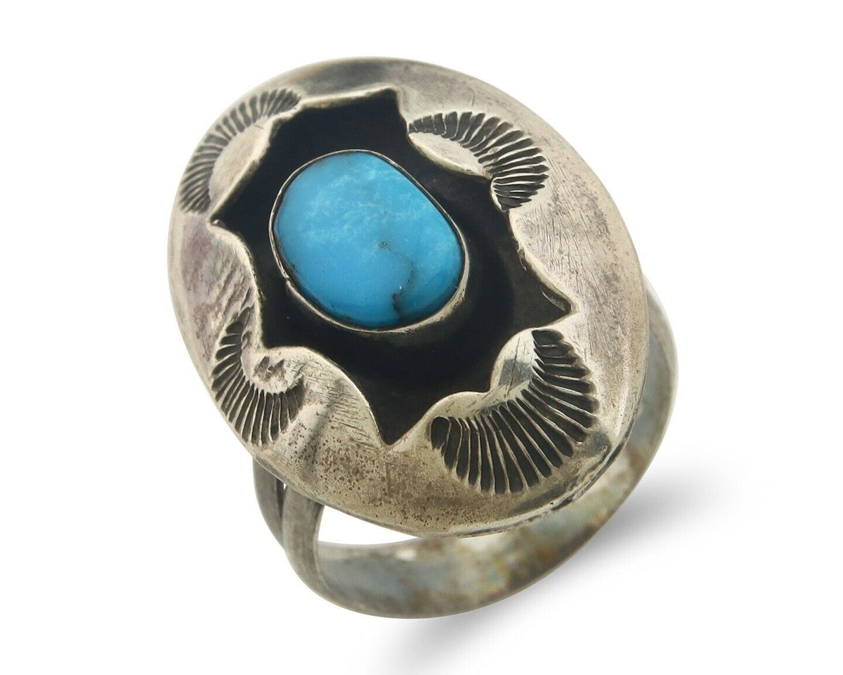 Navajo Ring 925 Sterling Turquoise Handmade Native Artist C.80's Size 8.35