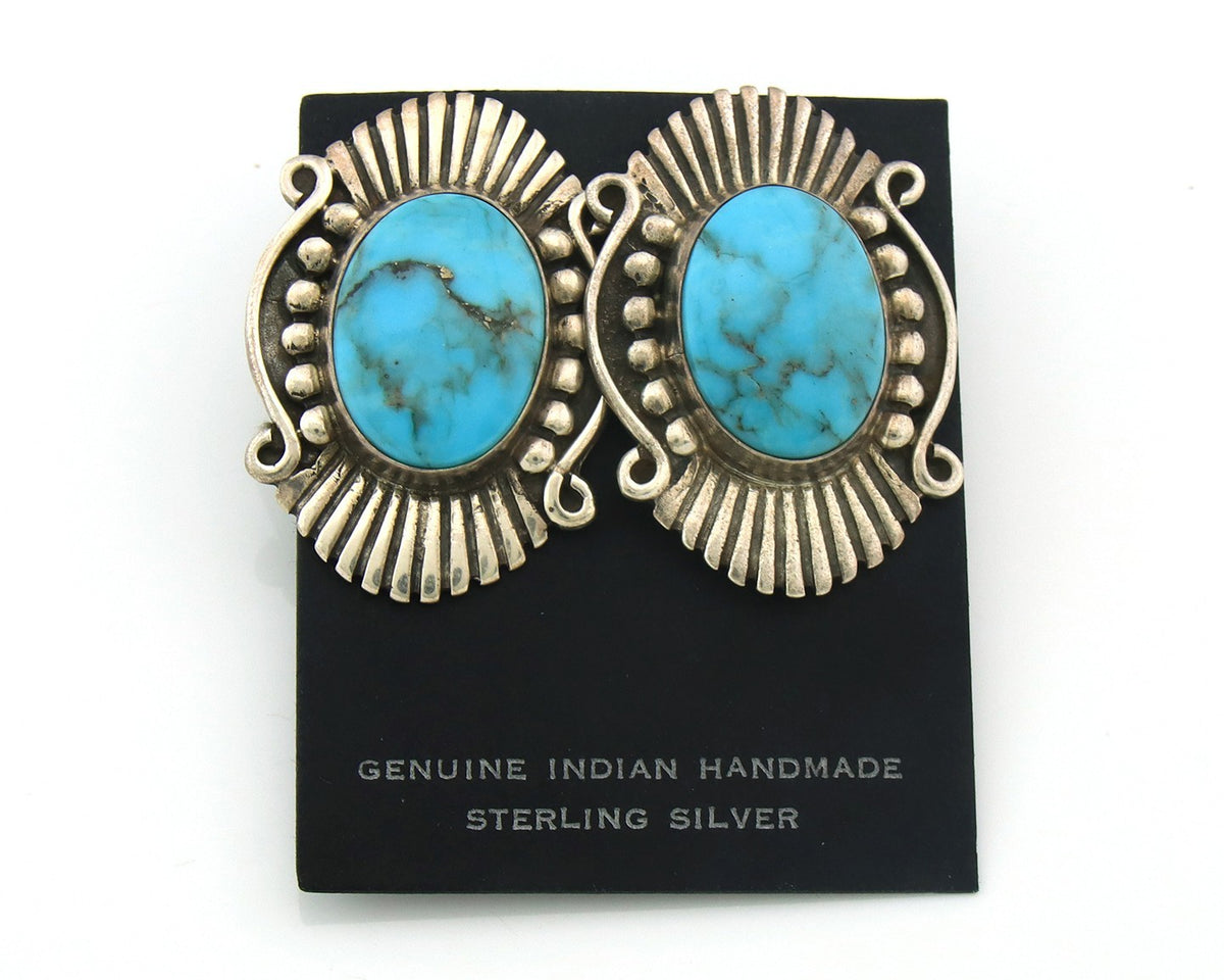 Navajo Earrings Sterling Silver Natural Turquoise Vintage Signed AM