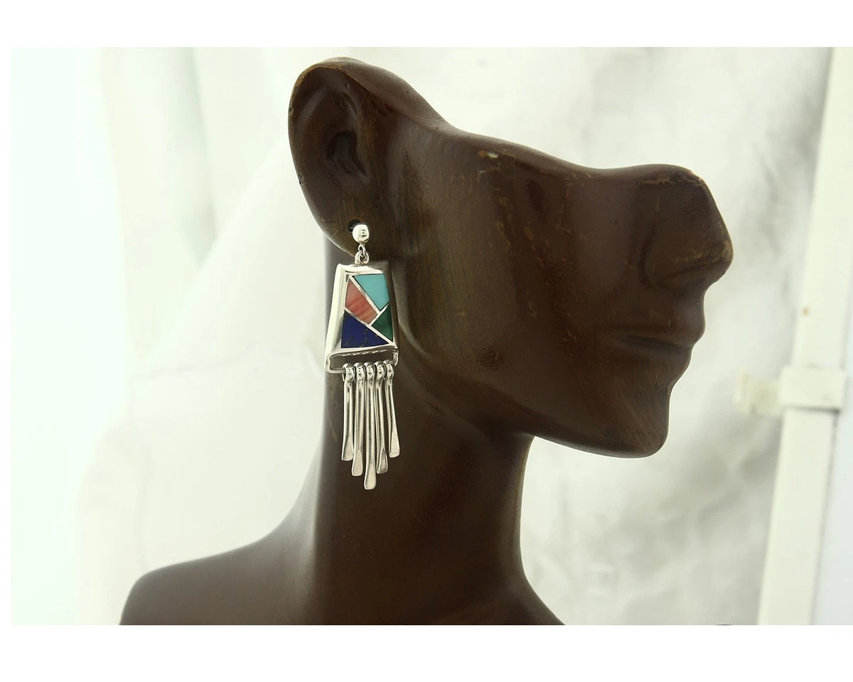 Navajo Earrings 925 Sterling Silver Natural Gemstones Signed Teme C.80's