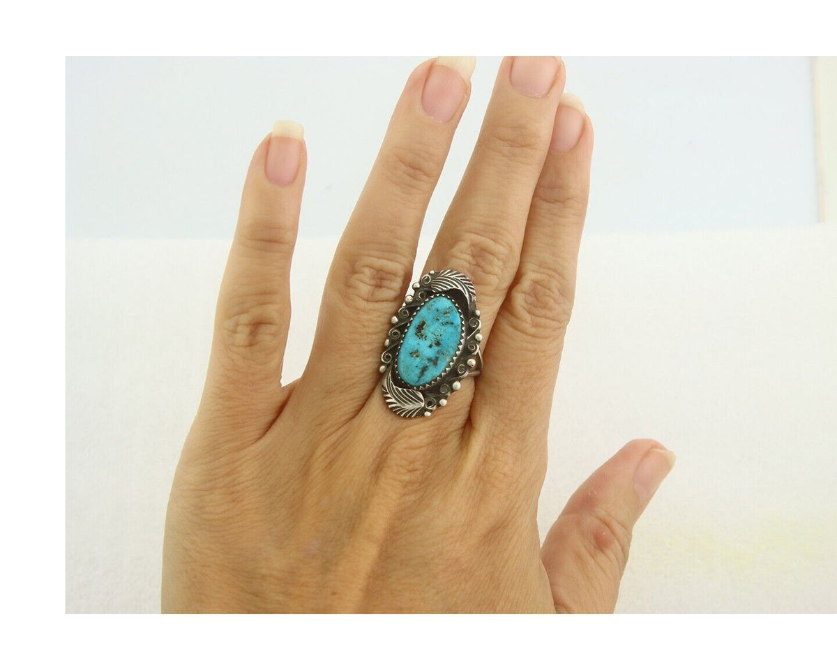 Navajo Ring 925 Sterling Blue Turquoise Artist Signed Billie Eagle C.80's