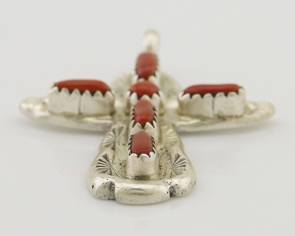 Zuni Cross Pendant 925 Silver Mediterranean Coral Signed W Iule C.80s