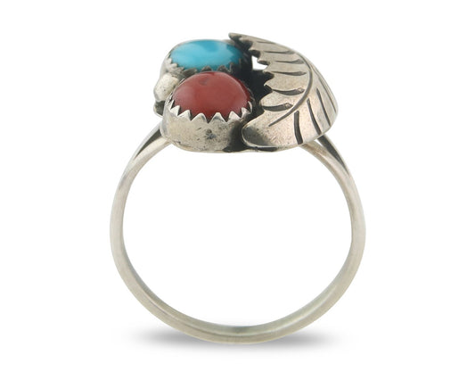 Navajo Ring 925 Sterling Natural Coral & Turquoise Signed BB C.80's Size 7.0