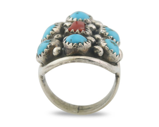 Navajo Ring 925 Sterling Natural Coral & Turquoise Signed EH C.80's Size 6.25