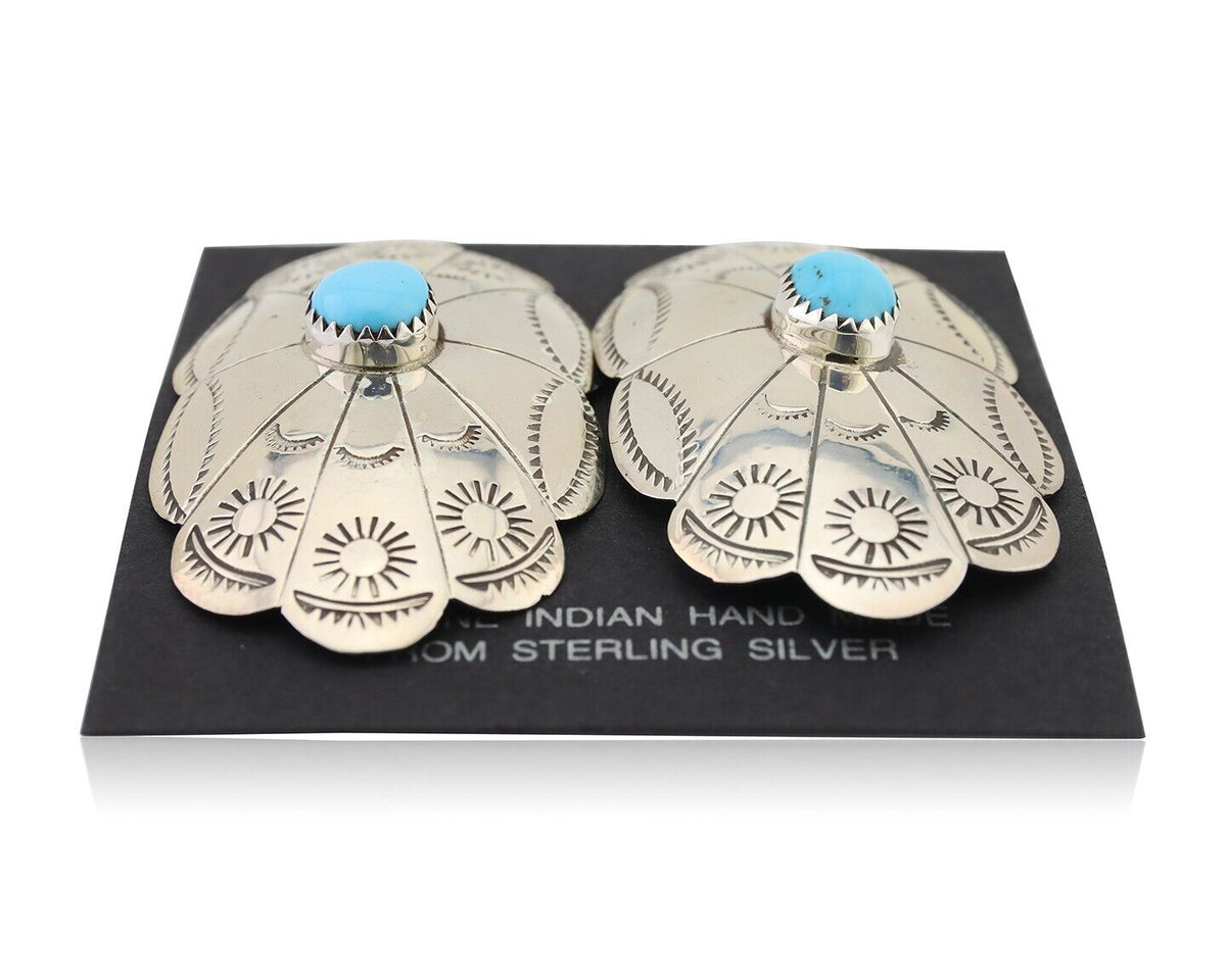 Navajo Hand Stamped Shield Earrings 925 Silver Turquoise Native Artist C.80's