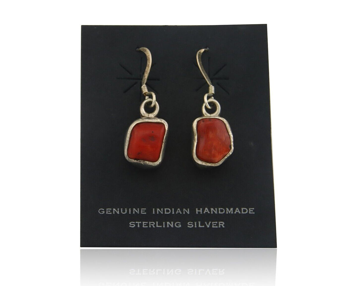 Navajo Earrings 925 Silver Natural Coral Native American Artist C.80's