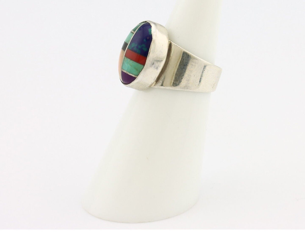 Zuni Inlaid Ring 925 Silver Mixed Natural Gemstones Native American Artist C.80s