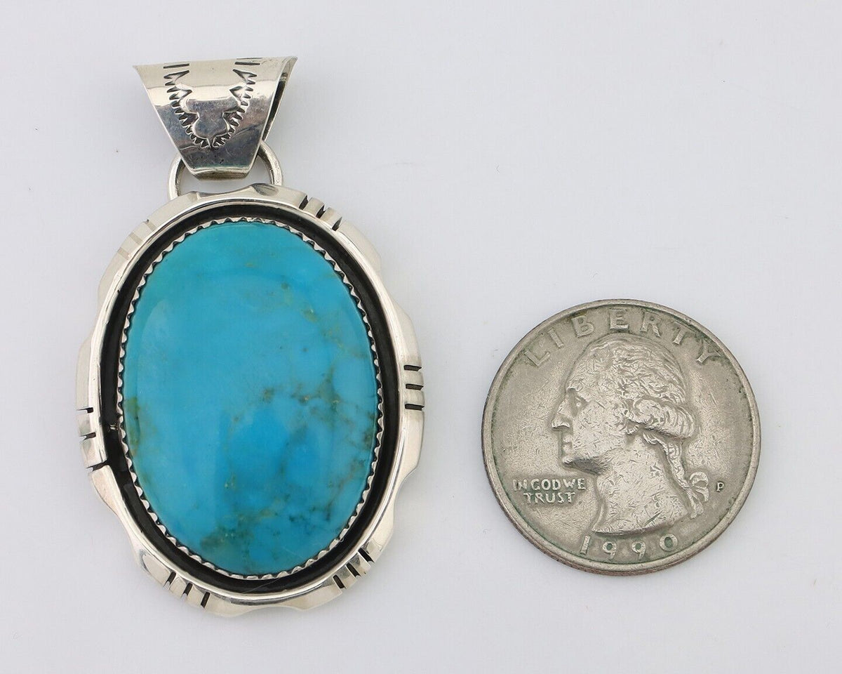 Navajo Pendant 925 Silver Blue Kingman Turquoise Native American Artist C.80's