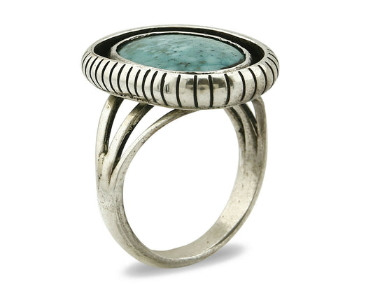 Navajo Ring .925 SOLID Silver Kingman Turquoise Artist Signed Montoya C.1980's