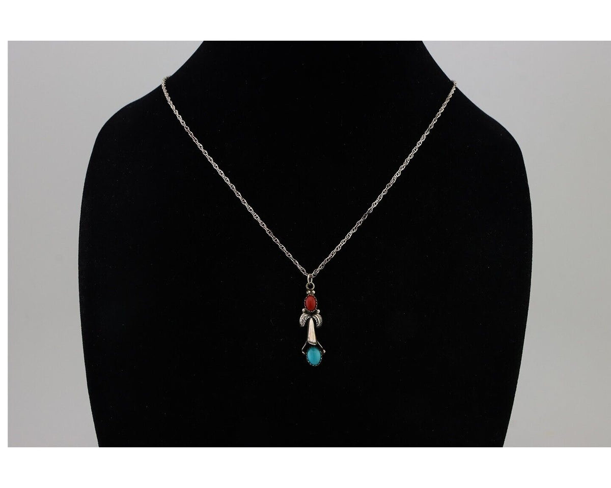 Navajo Necklace 925 Silver Turquoise & Coral Native American Artist C.90's