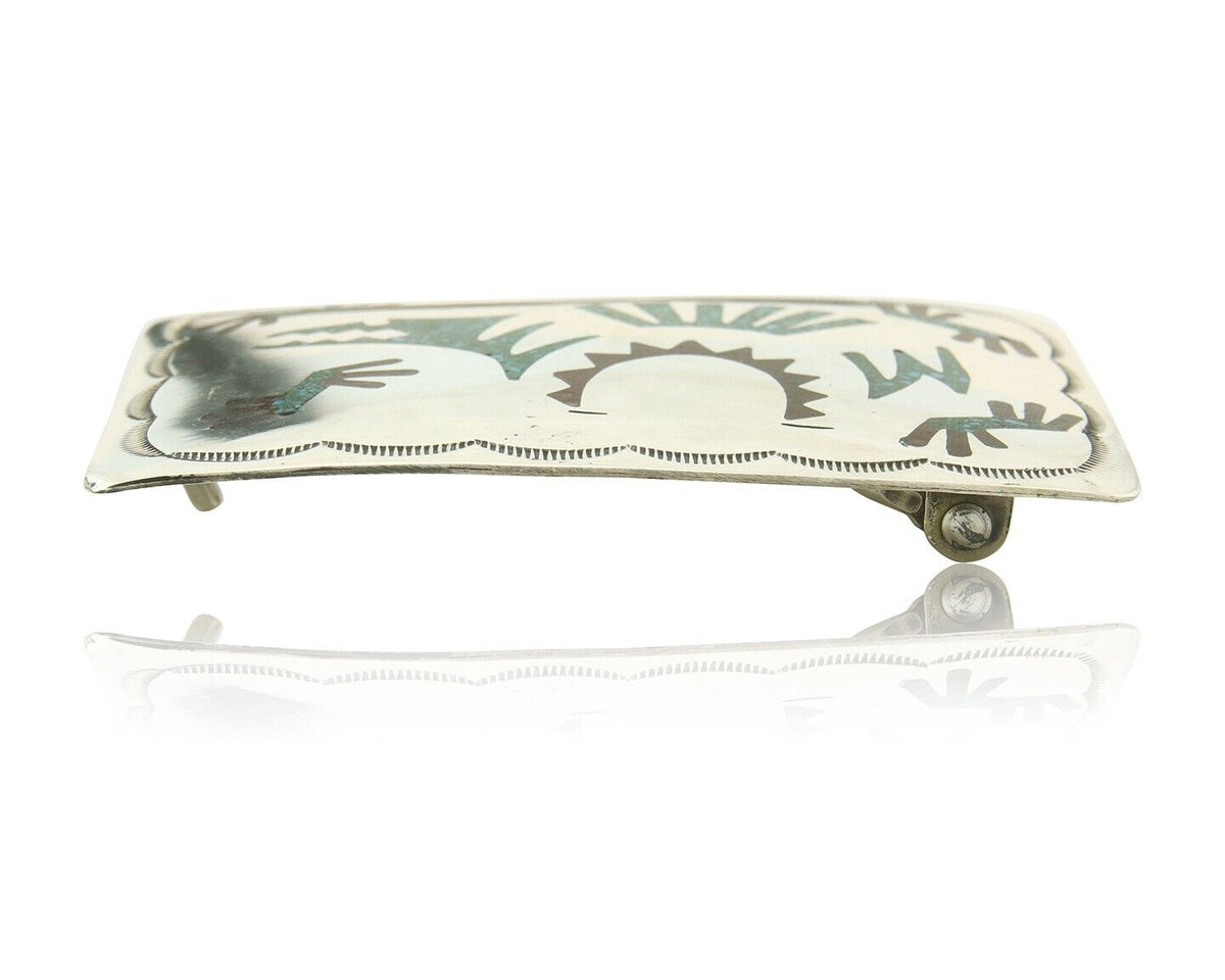 Vintage Navajo Belt Buckle 925 Silver Handmade Inlaid Gemstone Signed HB
