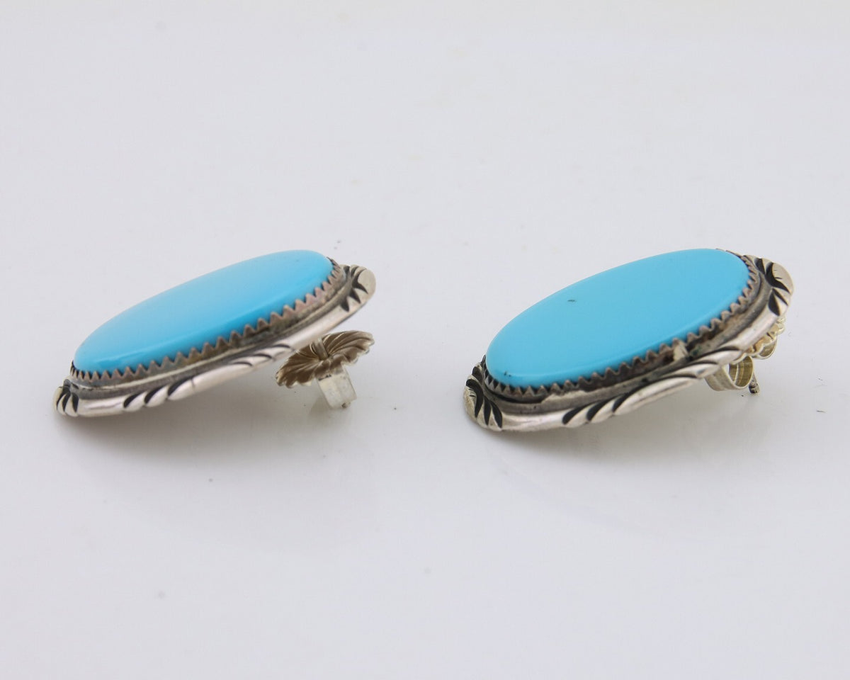 Navajo Earrings 925 Silver Blue Turquoise Artist Signed TALHAT C.80's