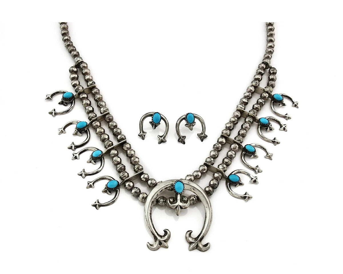 Navajo Squash Necklace Earring Set Sterling Silver Turquoise Vintage C.80's