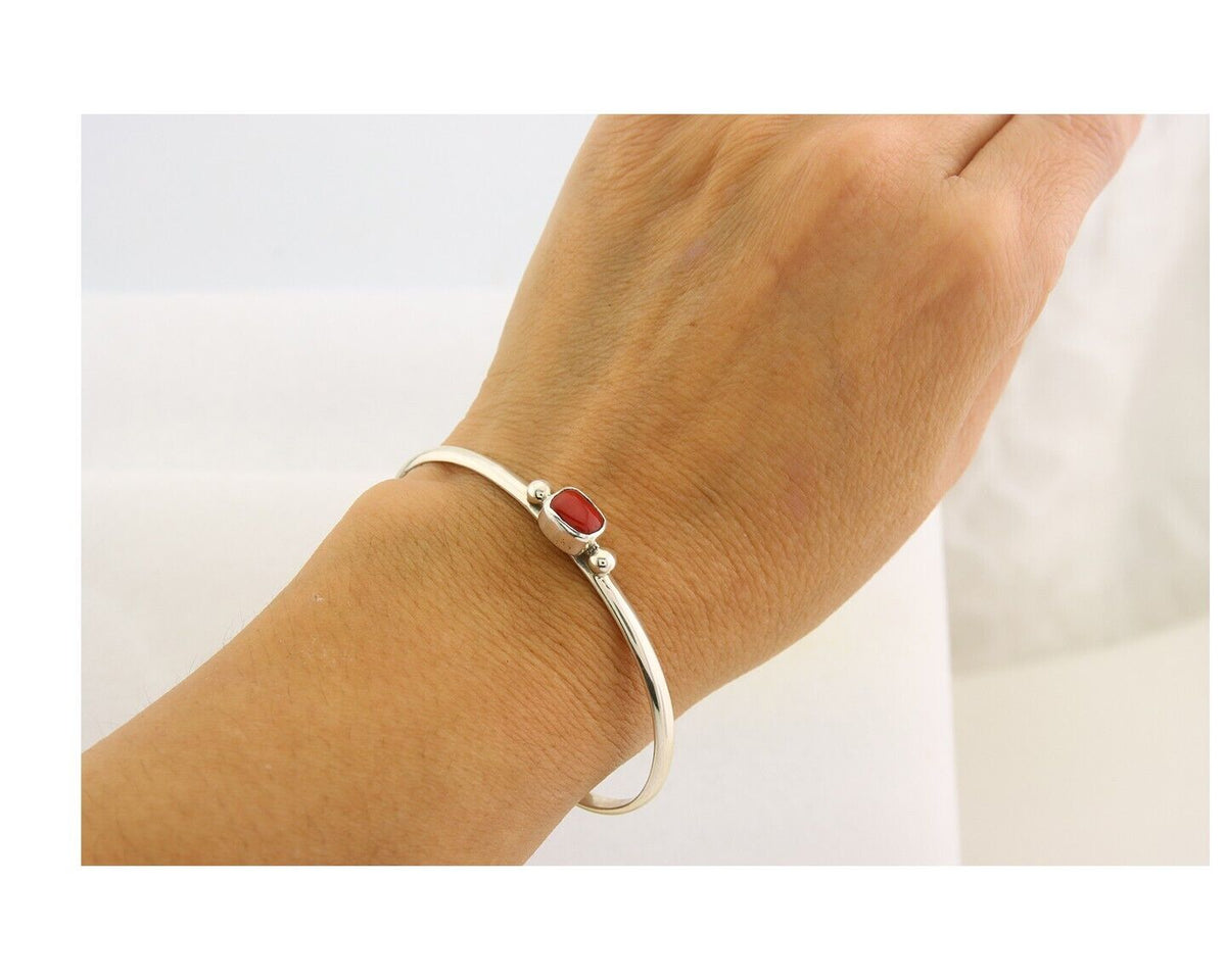 Navajo Bracelet .925 Silver Natural Red Coral Cuff Native American Artist C.80's