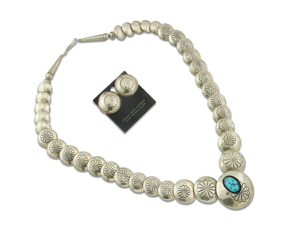 Vintage Navajo Bead Necklace 925 Siilver Turquoise Hand Stamped Native Artist