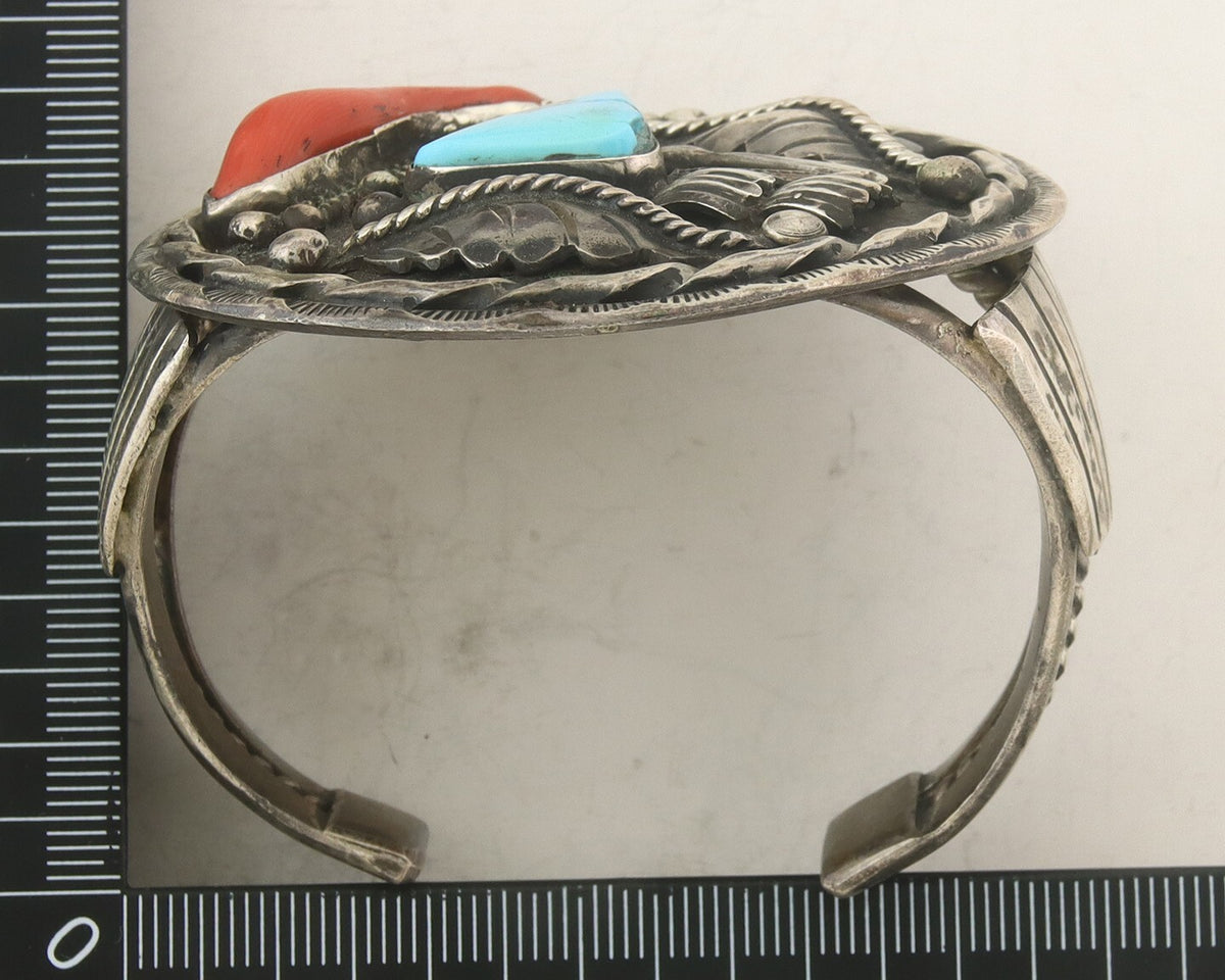 Navajo Bracelet 925 Silver Coral & Turquoise Native American Artist C.80's
