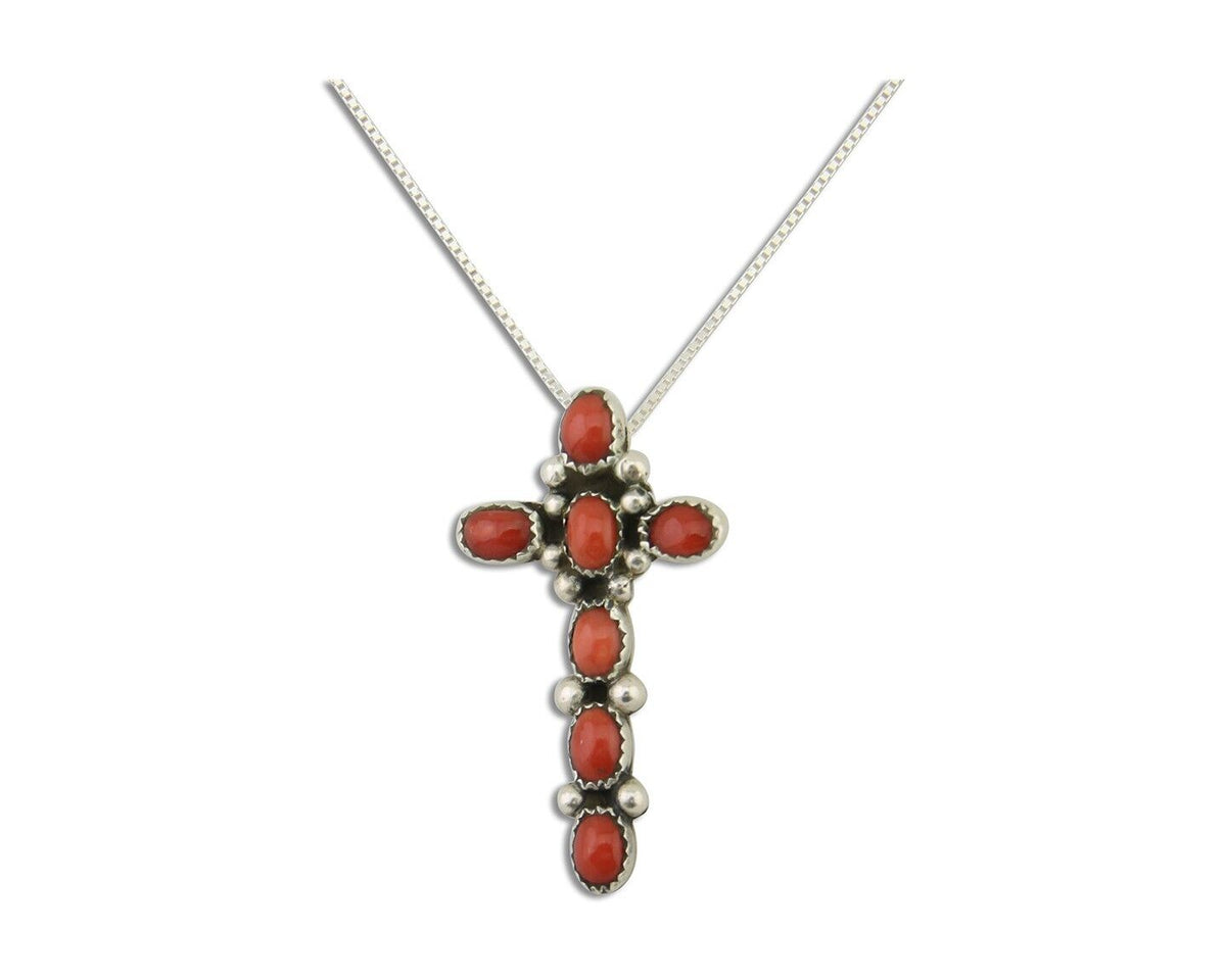 Navajo Cross Necklace 925 Silver Mediterranean Coral Native American Artist C80s