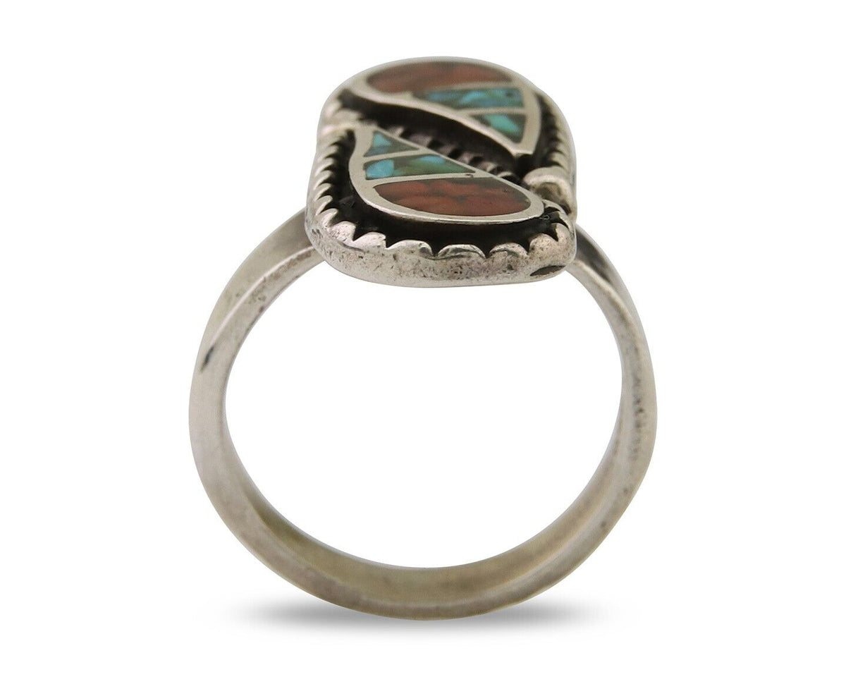 Navajo Ring 925 Silver Chip Inlay Turquoise & Coral Native Artist C.80's