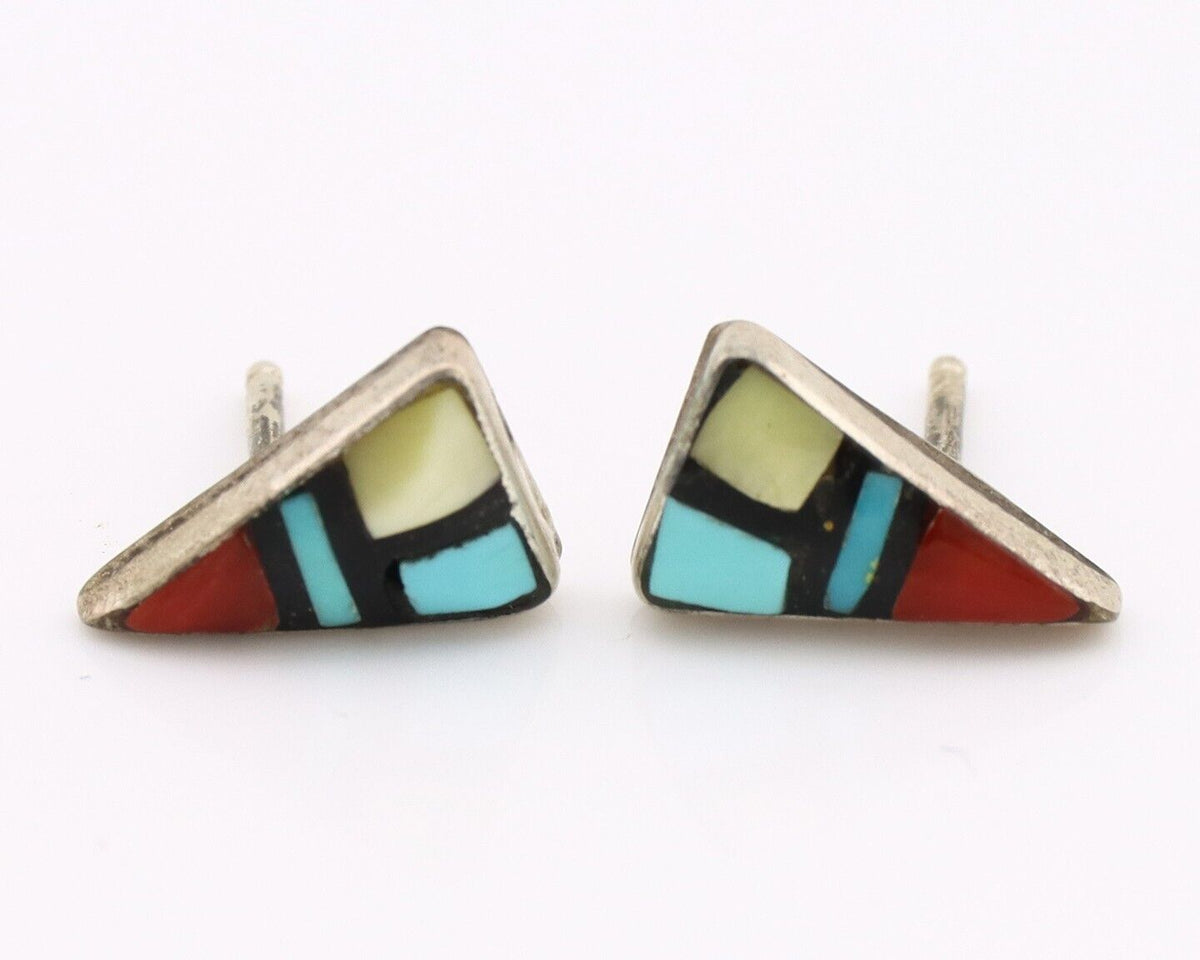 Zuni Earrings 925 Silver Natural Gemstones & Turquoise Native Artist C.80's