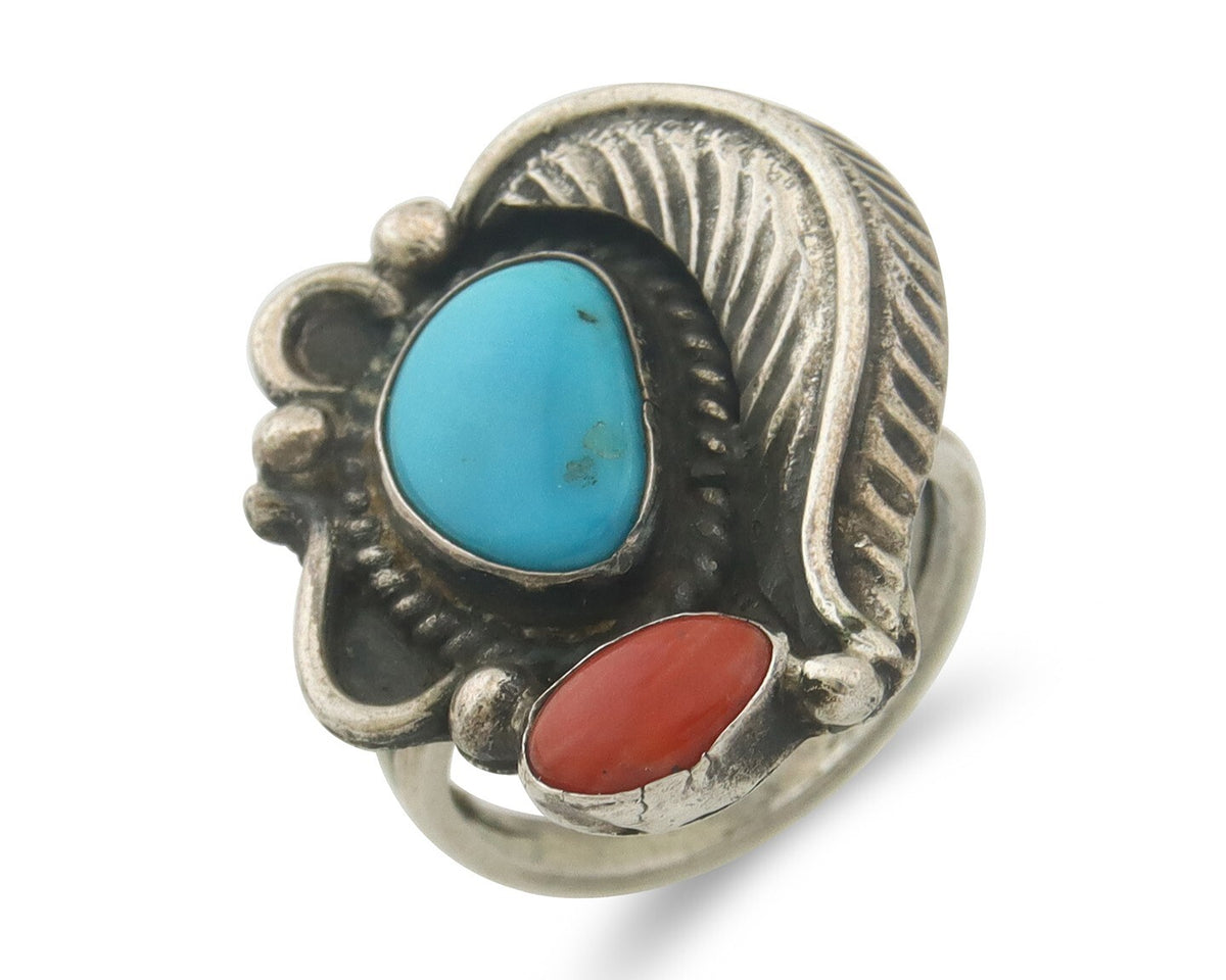 Navajo Ring 925 Sterling Natural Coral & Turquoise Native Artist C.80's Sz 6.0