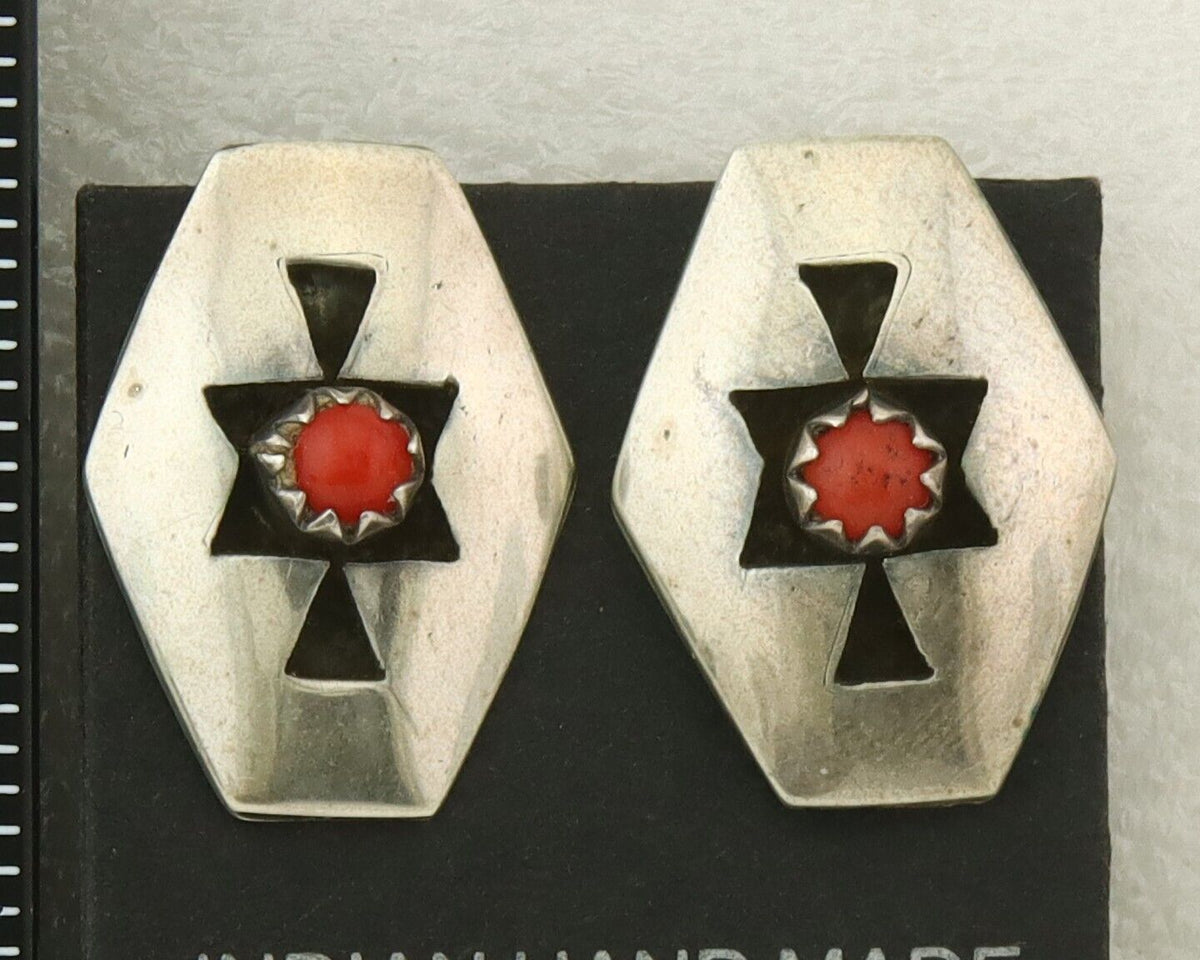 Navajo Earrings 925 Silver Natural Coral Native American Artist C.80's