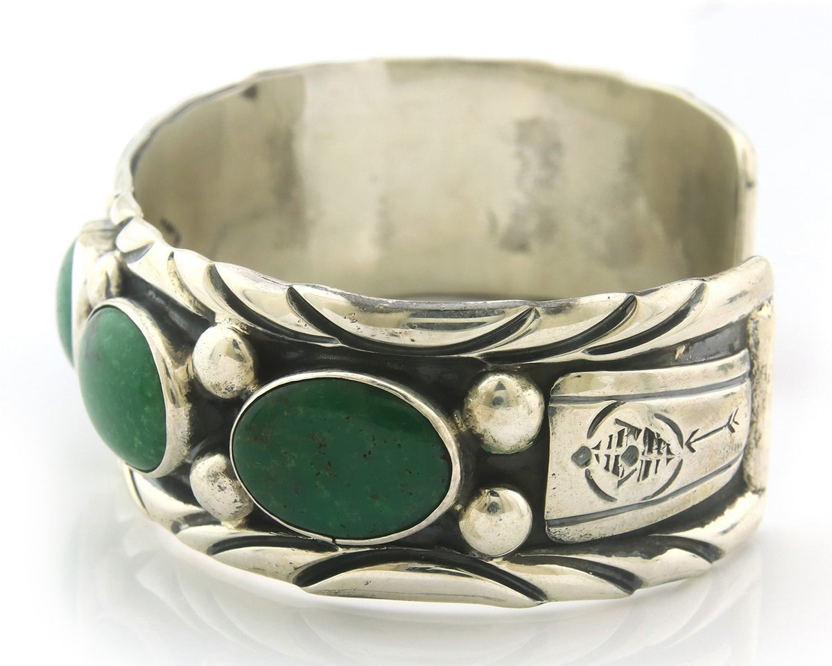 Men Navajo Bracelet Sterling Silver Natural Malachite Vintage Signed C Montoya